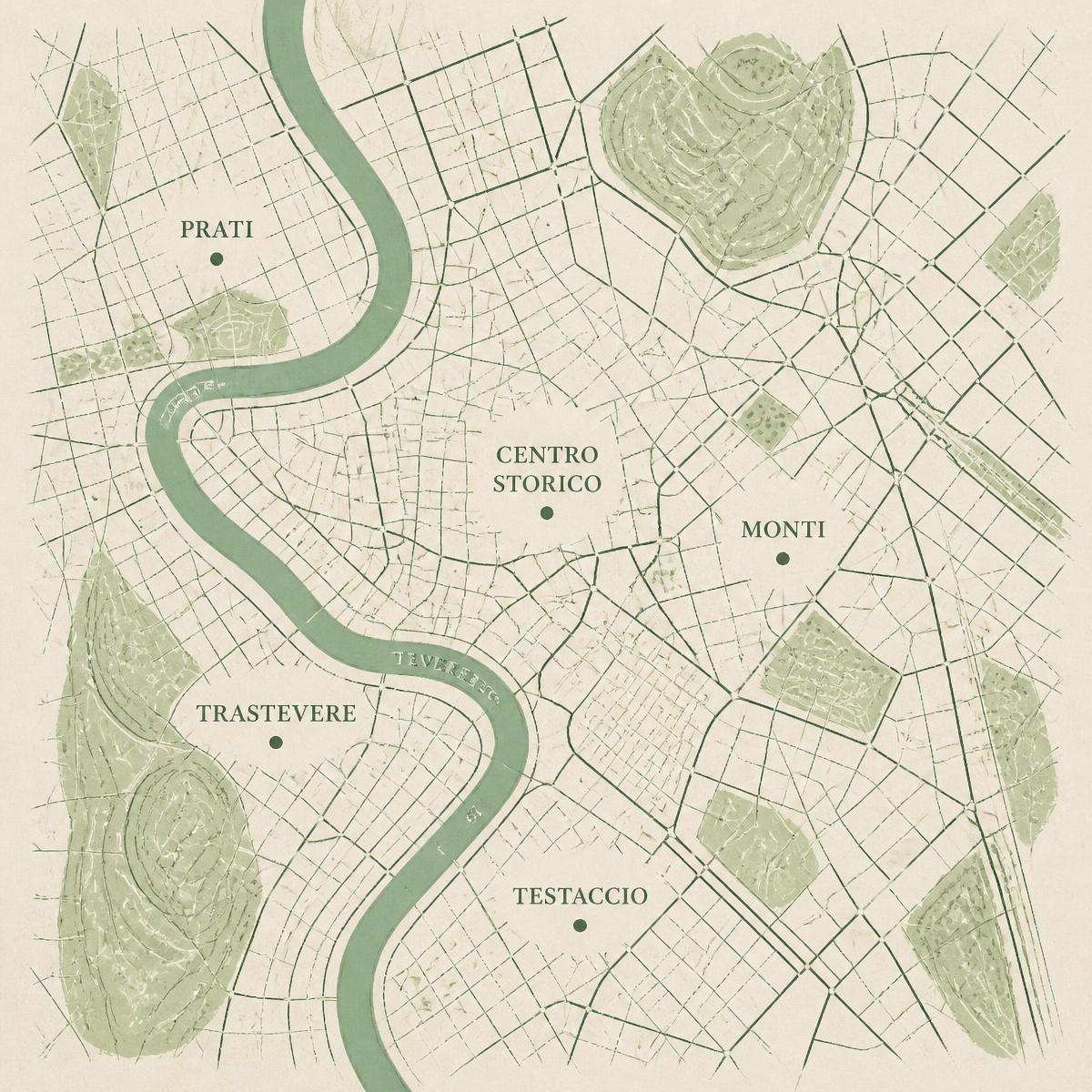 Mapa Roma con criterio de 60 Rumbos con lugares gastronómicos y culturales seleccionados.